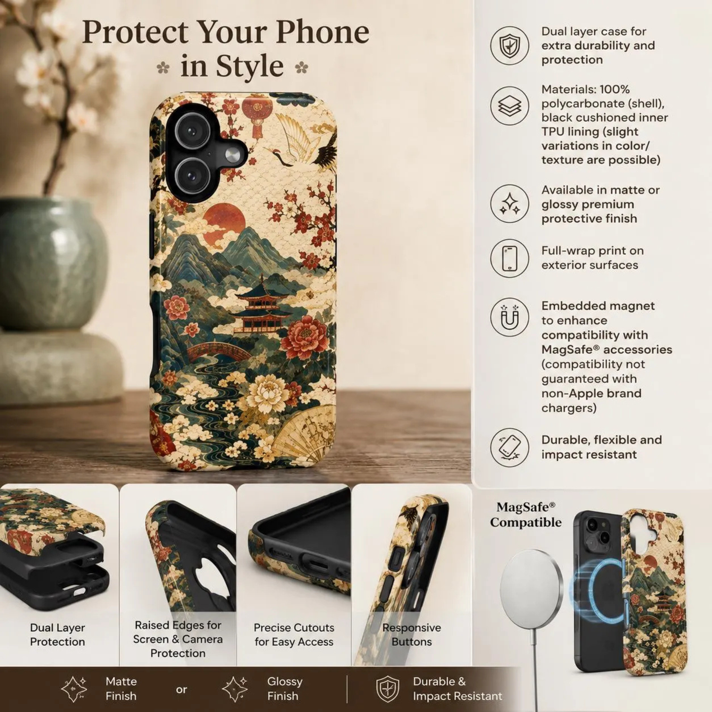 East Asian Vintage Landscape iPhone Case | Magnetic Impact-Resistant Case