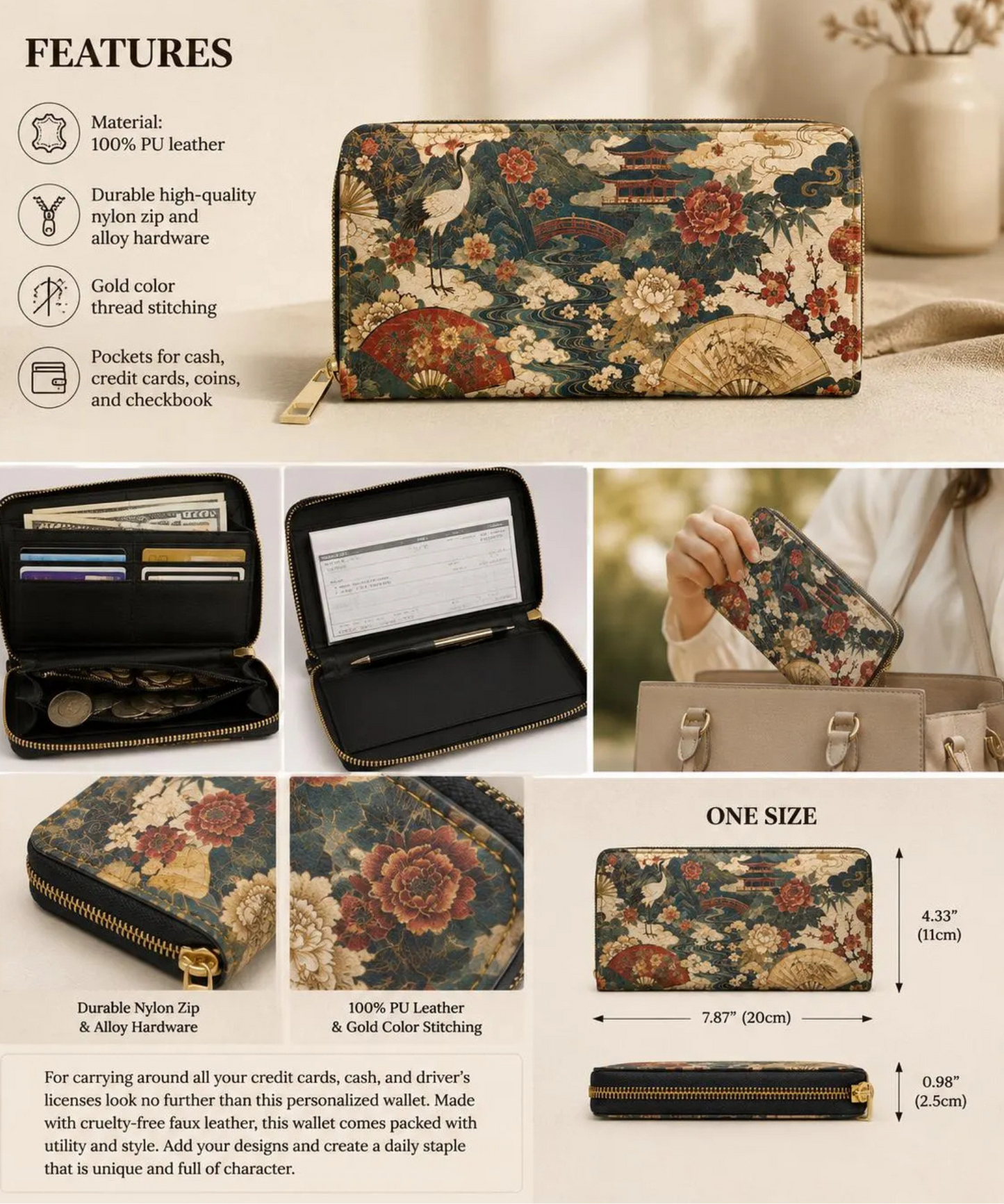 East Asian Vintage Landscape Zipper Wallet