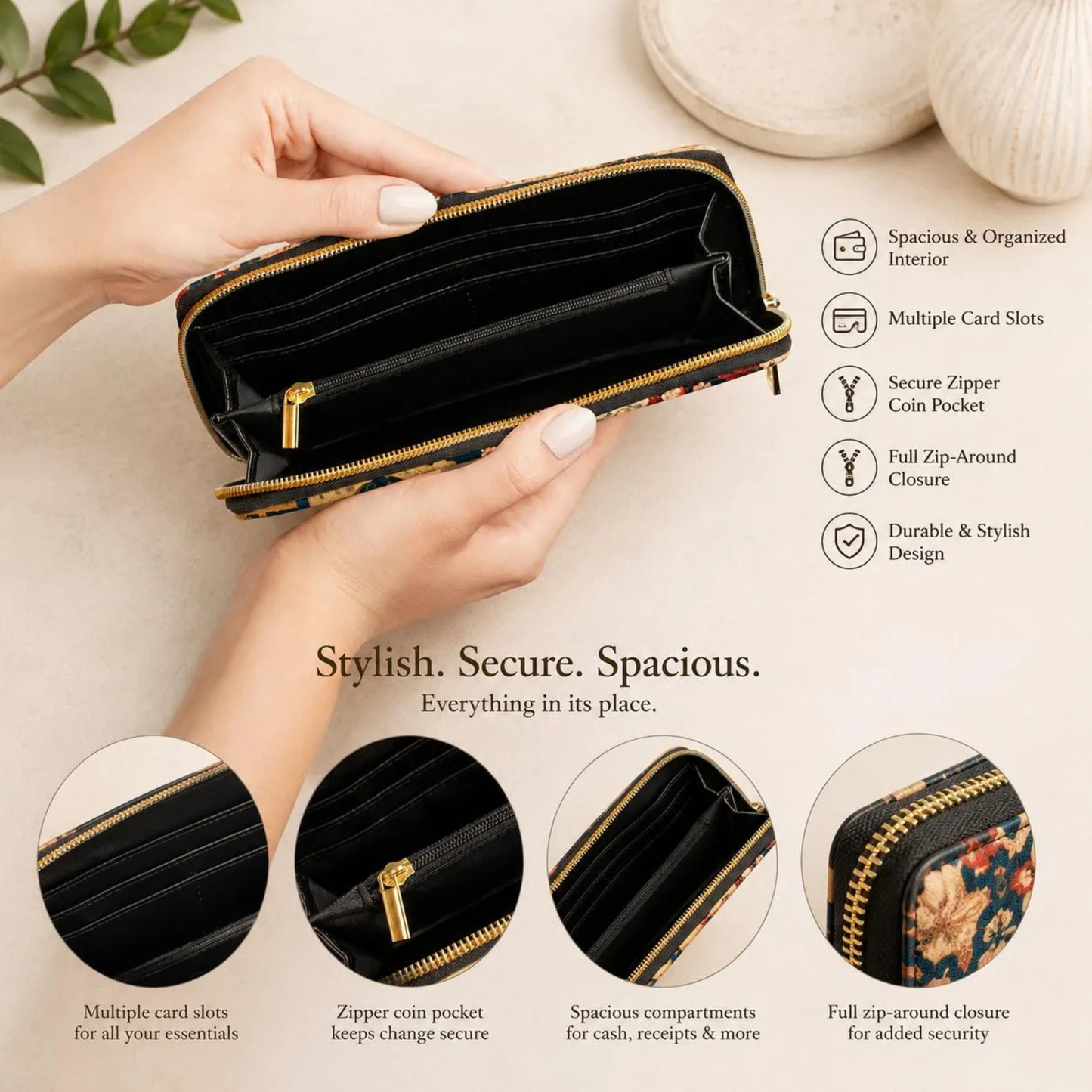 East Asian Floral Crane Zipper Wallet