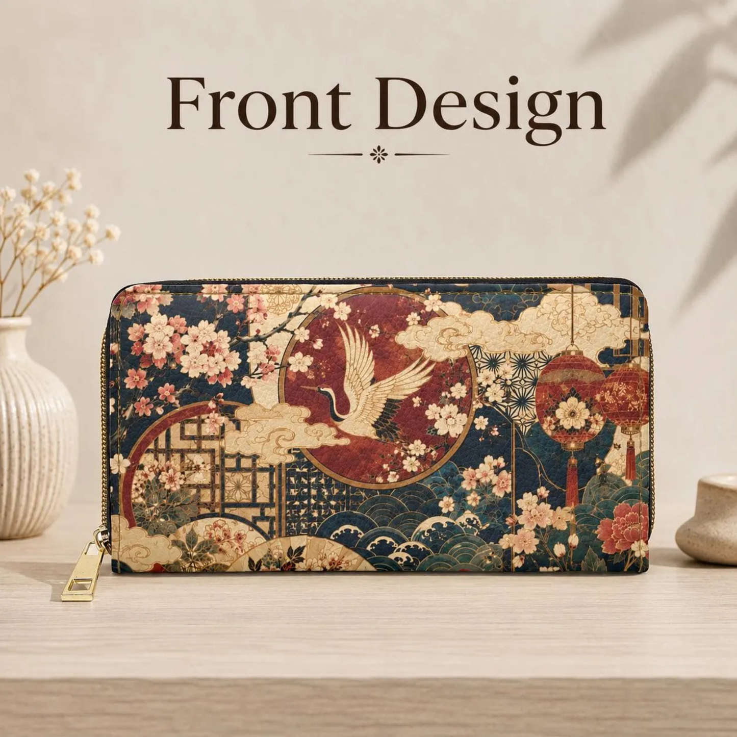 East Asian Floral Crane Zipper Wallet