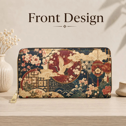 East Asian Floral Crane Zipper Wallet