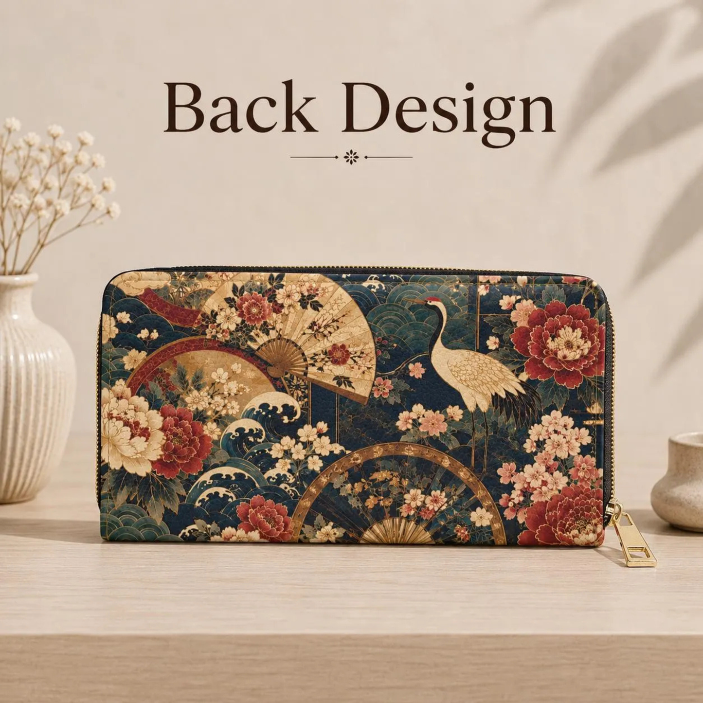 East Asian Floral Crane Zipper Wallet