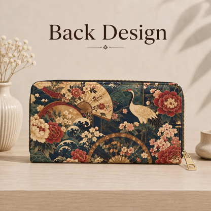 East Asian Floral Crane Zipper Wallet