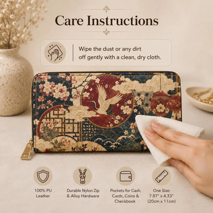 East Asian Floral Crane Zipper Wallet