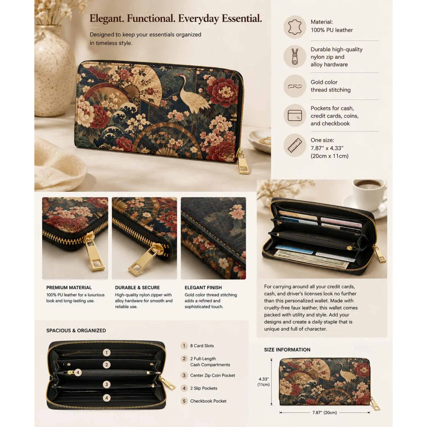East Asian Floral Crane Zipper Wallet