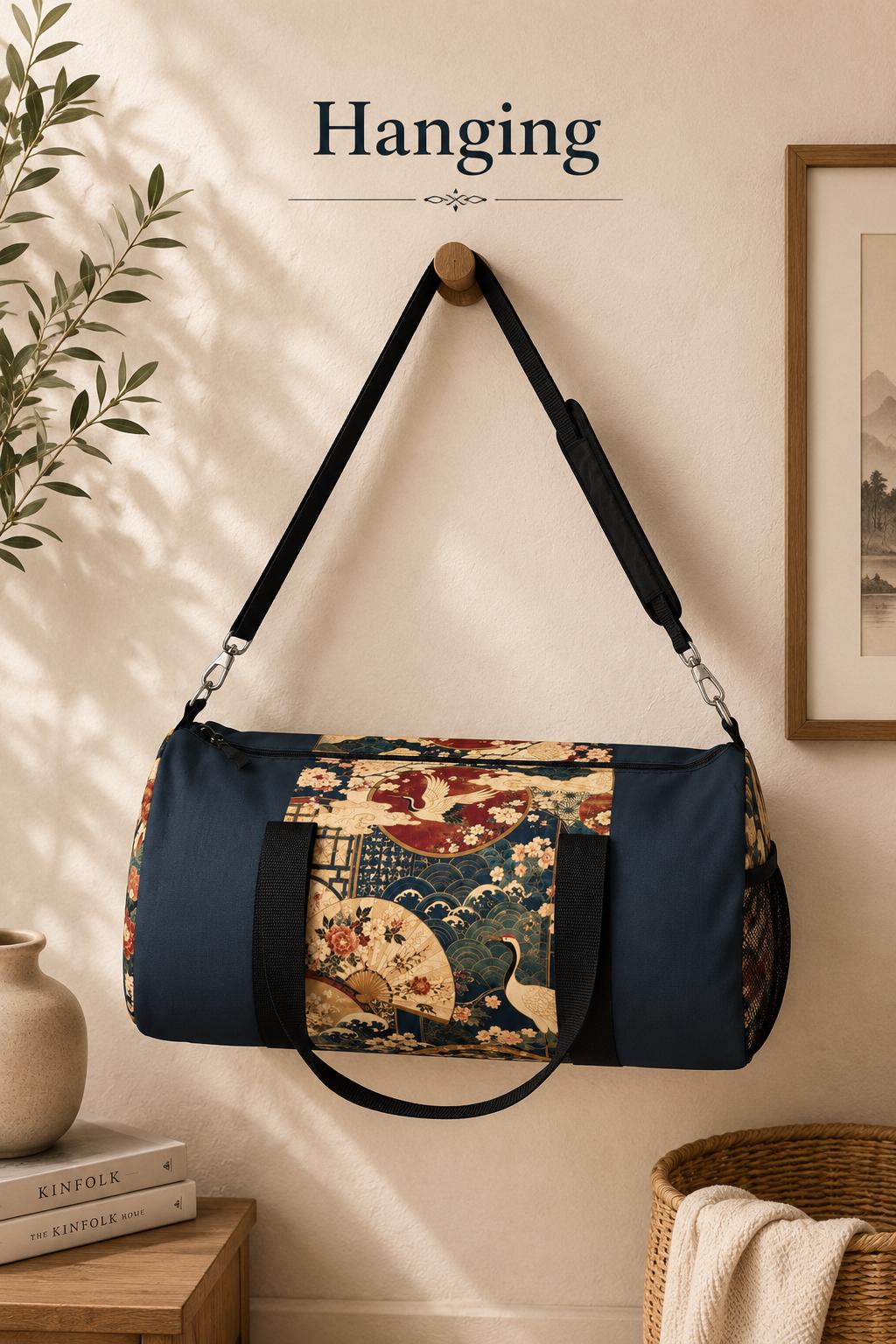 East Asian Floral Crane Navy Blue Duffel Gym Bag