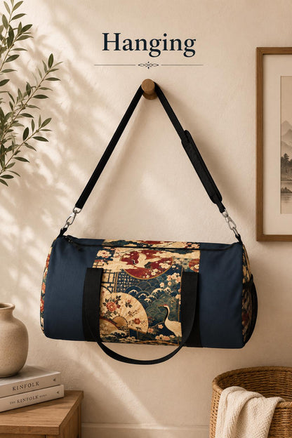 East Asian Floral Crane Navy Blue Duffel Gym Bag