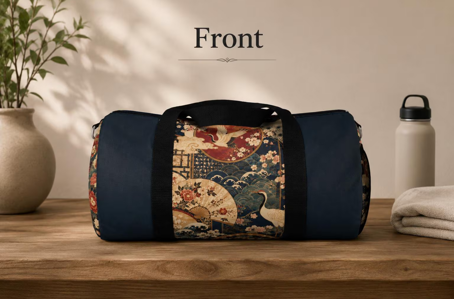 East Asian Floral Crane Navy Blue Duffel Gym Bag