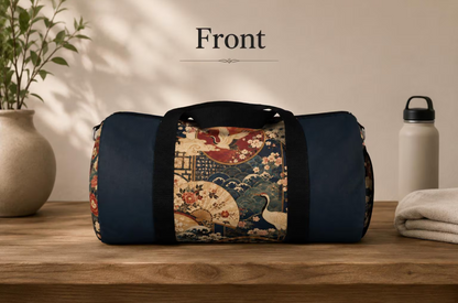 East Asian Floral Crane Navy Blue Duffel Gym Bag