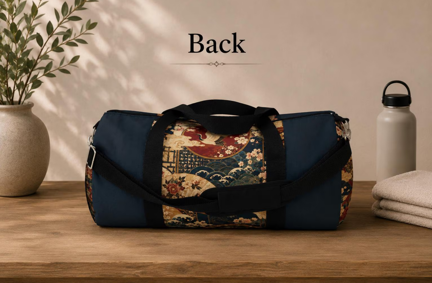 East Asian Floral Crane Navy Blue Duffel Gym Bag