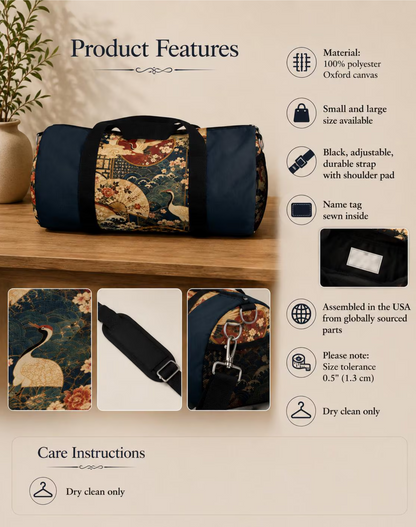 East Asian Floral Crane Navy Blue Duffel Gym Bag