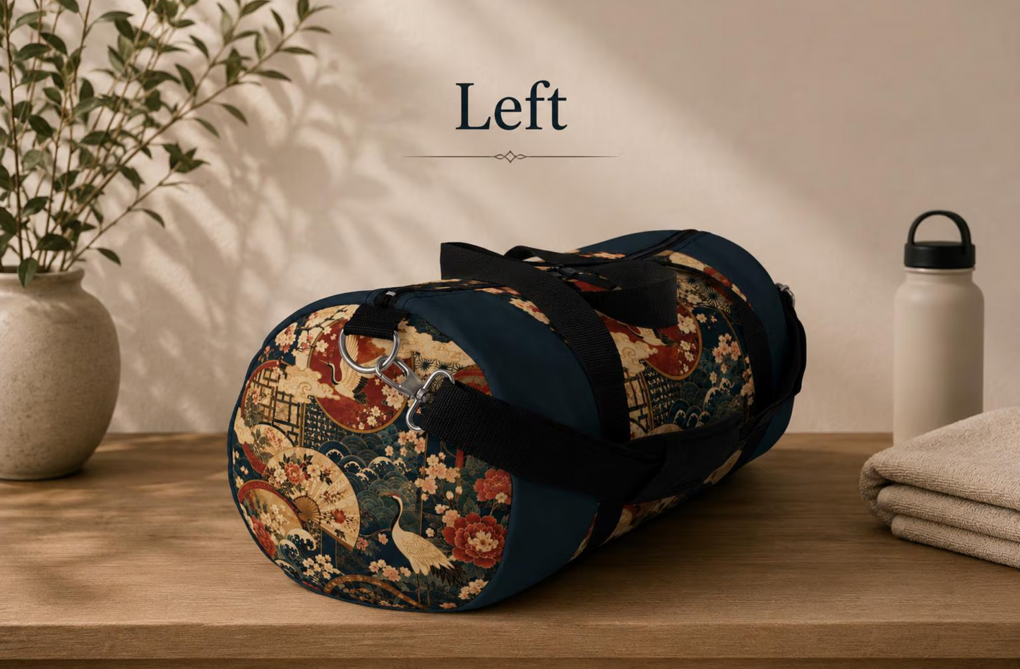 East Asian Floral Crane Navy Blue Duffel Gym Bag