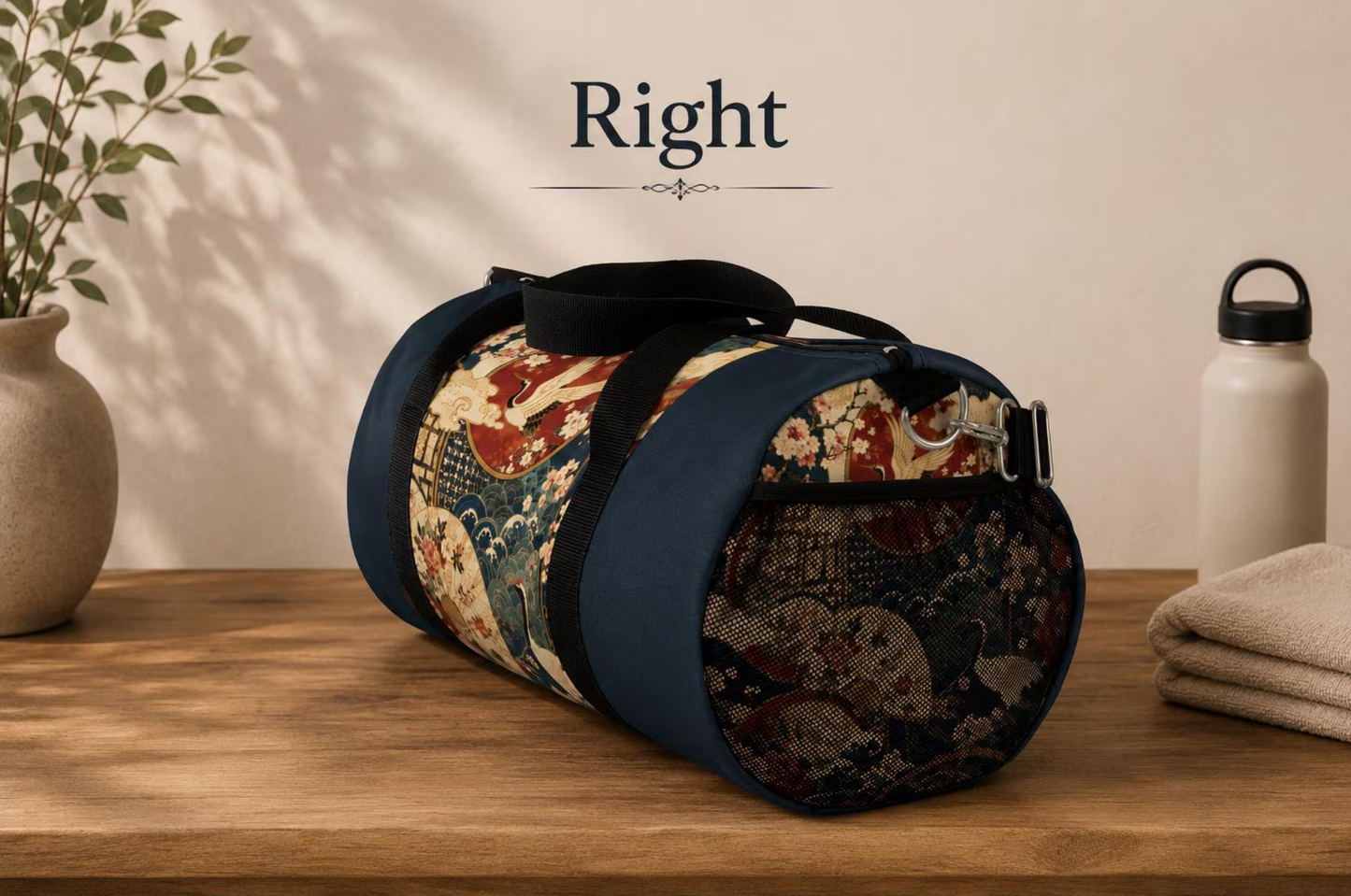 East Asian Floral Crane Navy Blue Duffel Gym Bag