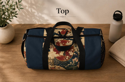 East Asian Floral Crane Navy Blue Duffel Gym Bag
