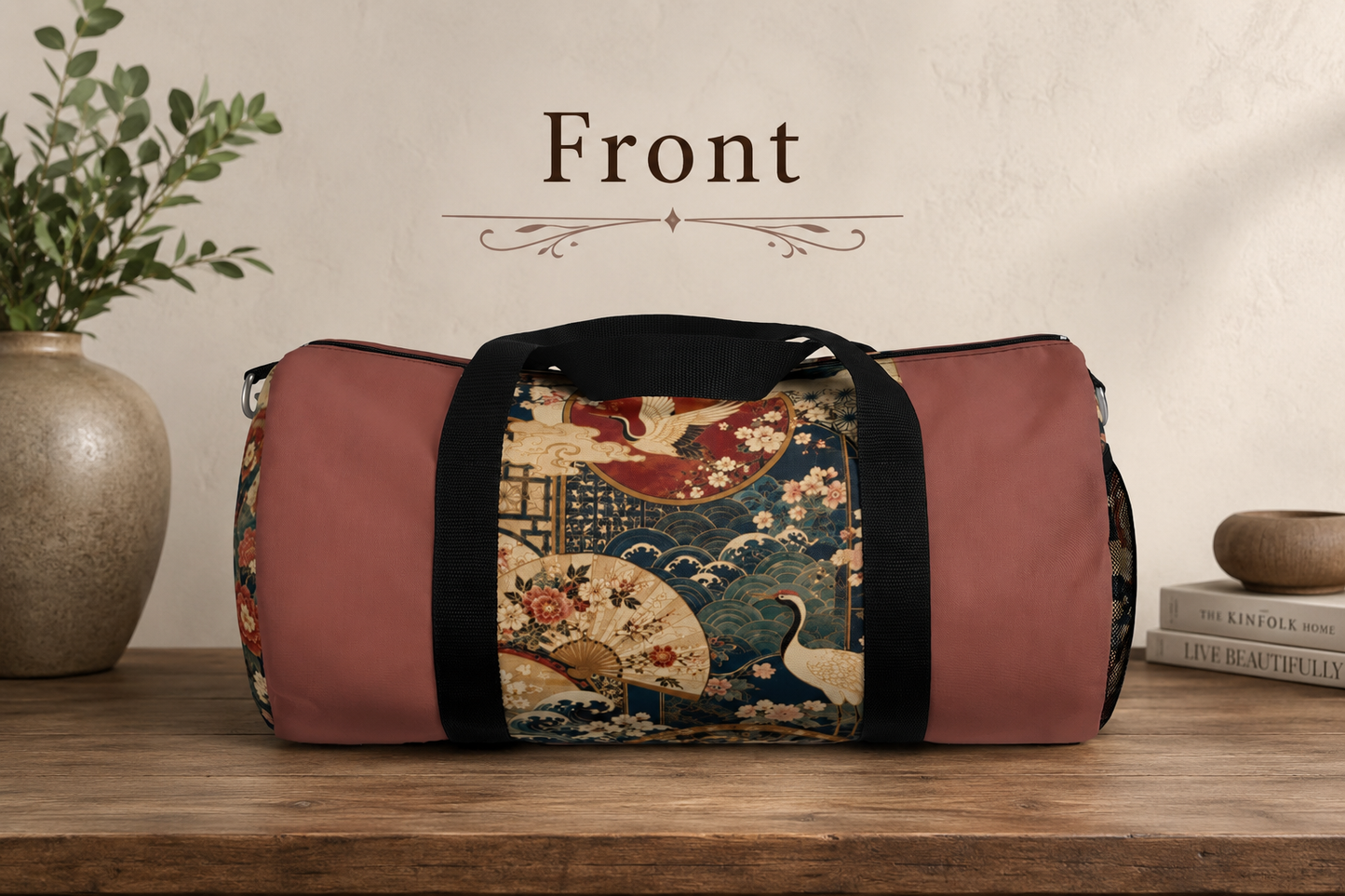 East Asian Floral Crane Salmon Rose Duffel Gym Bag