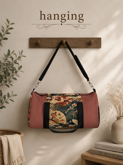 East Asian Floral Crane Salmon Rose Duffel Gym Bag
