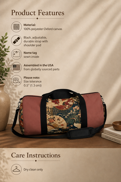East Asian Floral Crane Salmon Rose Duffel Gym Bag