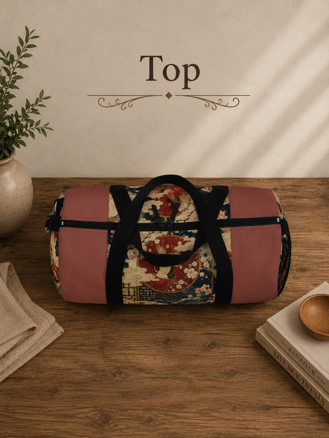 East Asian Floral Crane Salmon Rose Duffel Gym Bag