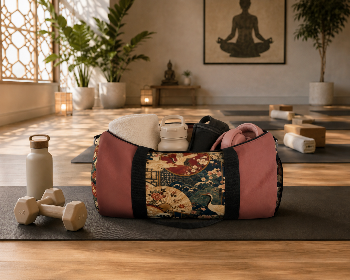 East Asian Floral Crane Salmon Rose Duffel Gym Bag