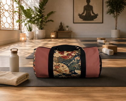 East Asian Floral Crane Salmon Rose Duffel Gym Bag