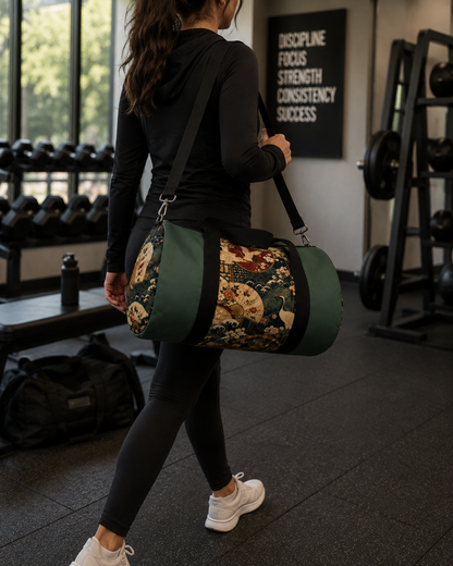 East Asian Floral Crane Sage Green Duffel Gym Bag