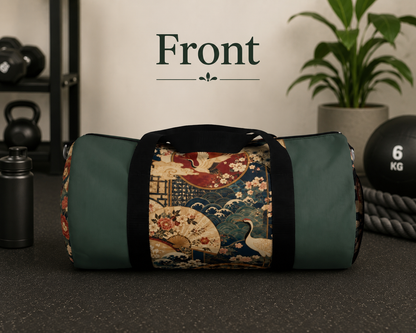East Asian Floral Crane Sage Green Duffel Gym Bag