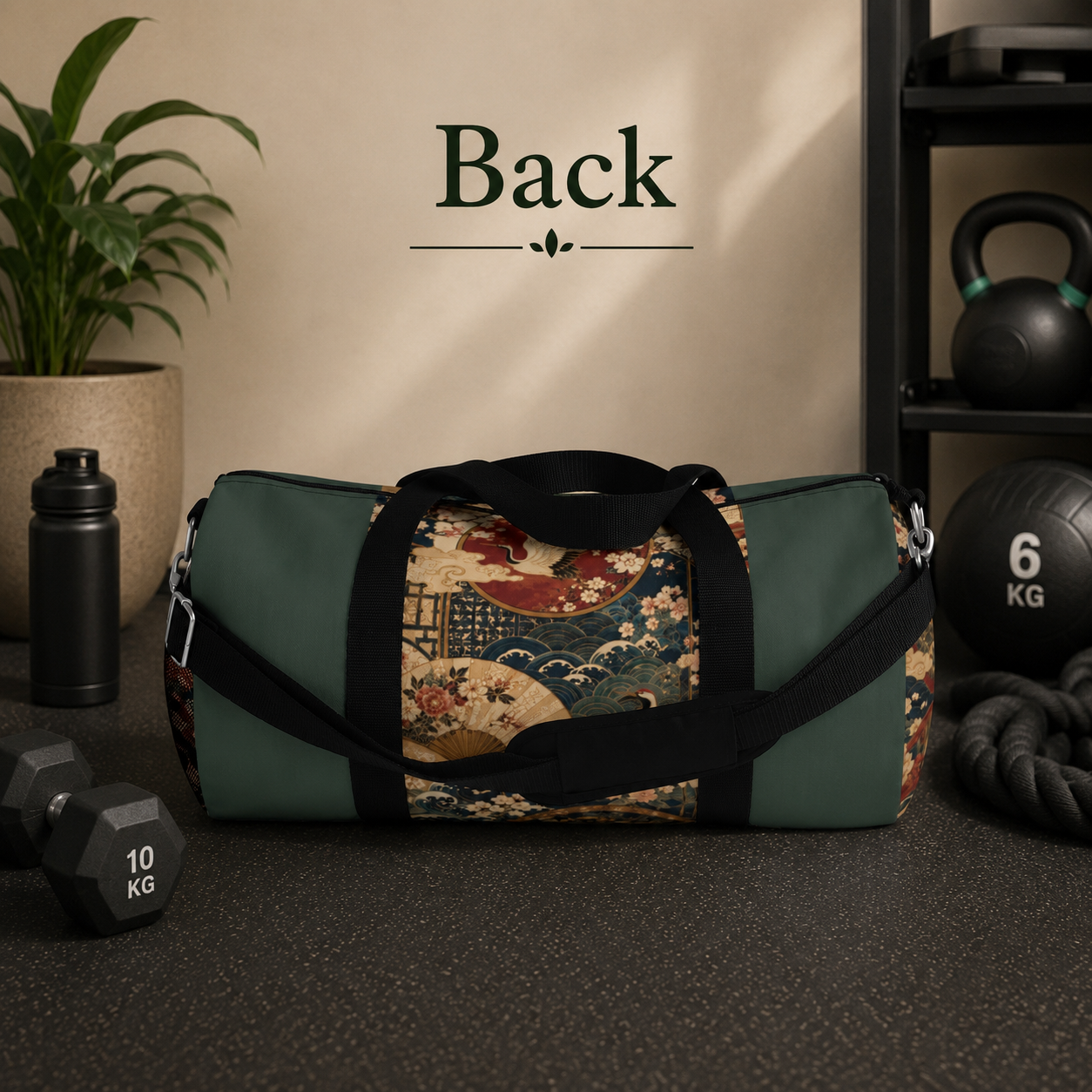 East Asian Floral Crane Sage Green Duffel Gym Bag