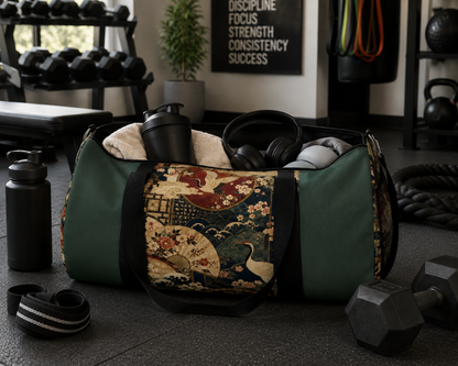 East Asian Floral Crane Sage Green Duffel Gym Bag