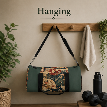 East Asian Floral Crane Sage Green Duffel Gym Bag