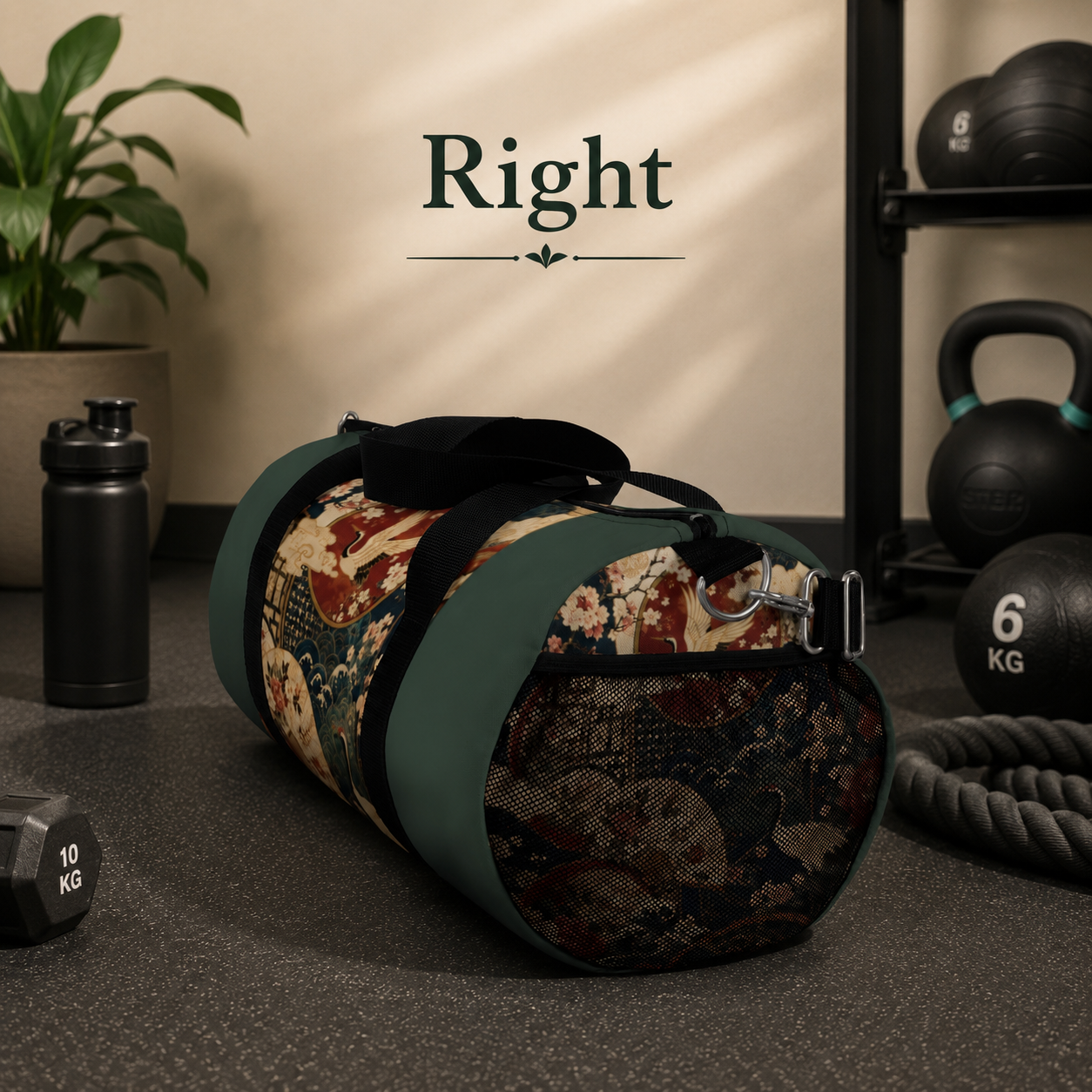 East Asian Floral Crane Sage Green Duffel Gym Bag
