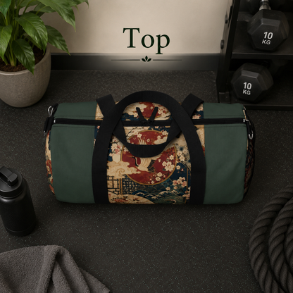 East Asian Floral Crane Sage Green Duffel Gym Bag