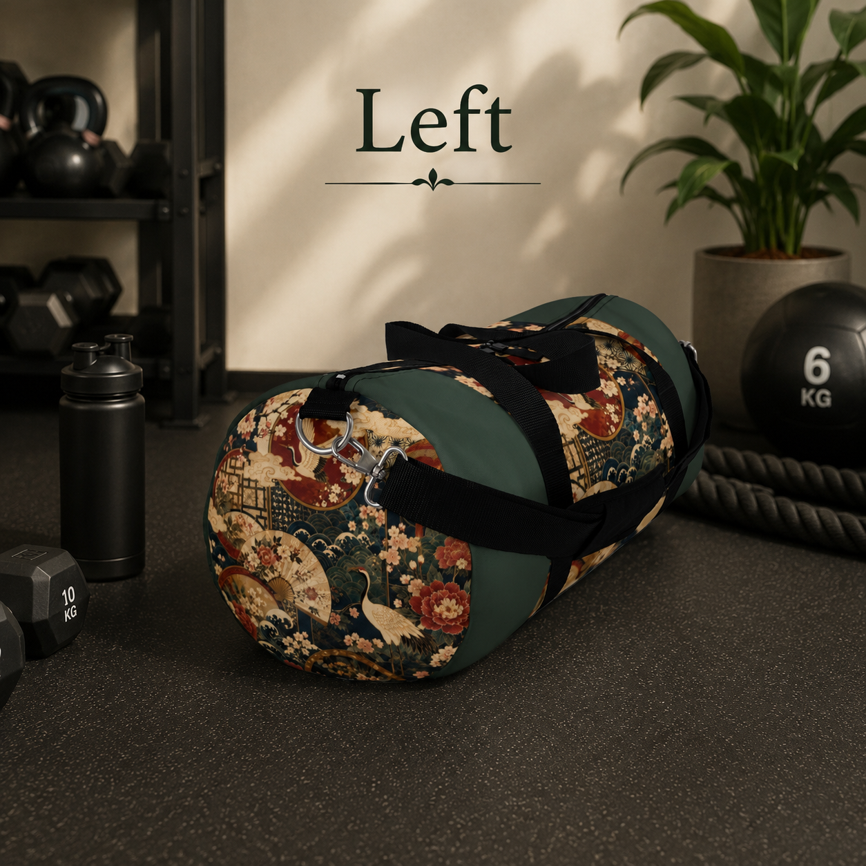 East Asian Floral Crane Sage Green Duffel Gym Bag