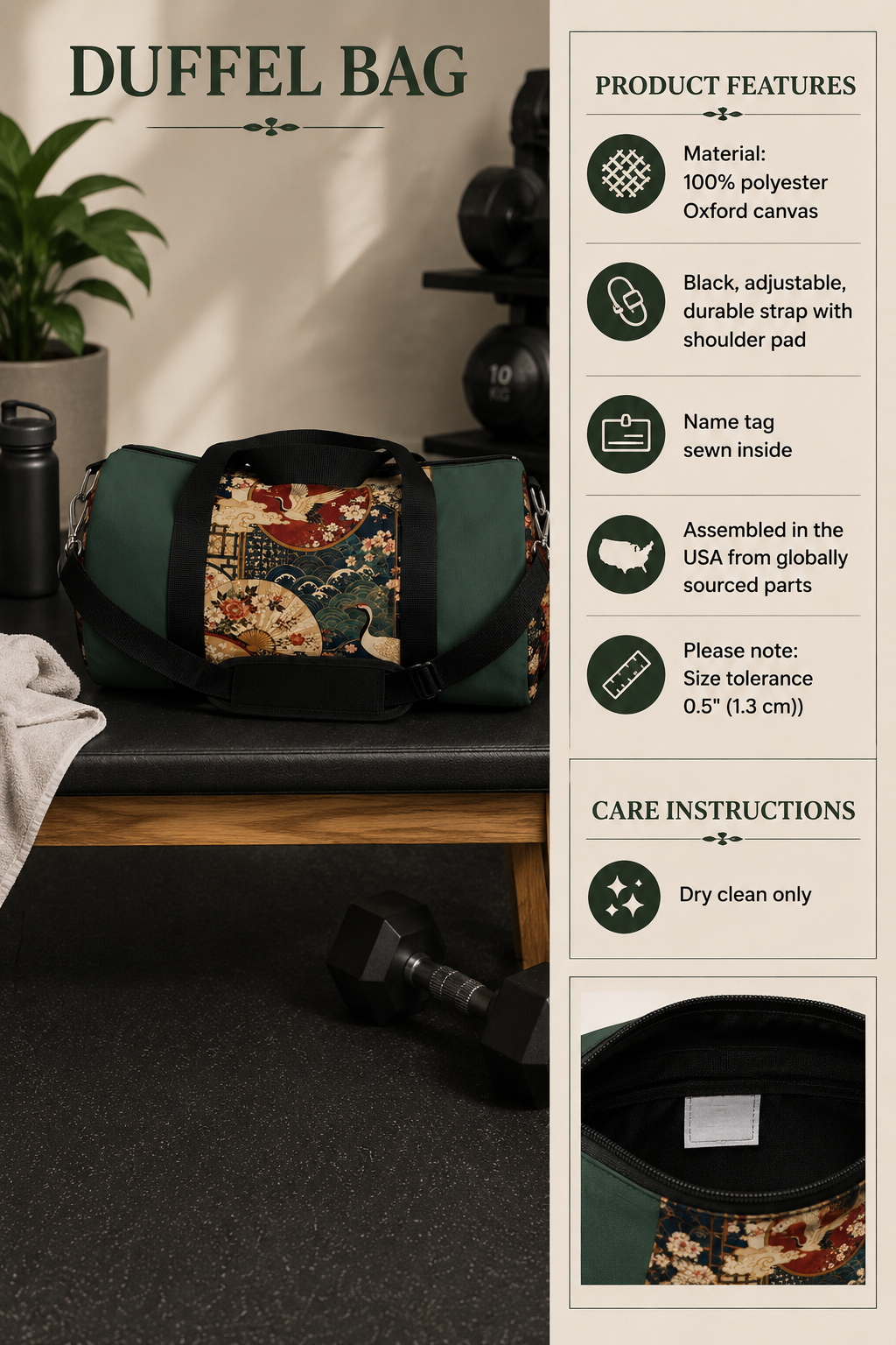 East Asian Floral Crane Sage Green Duffel Gym Bag