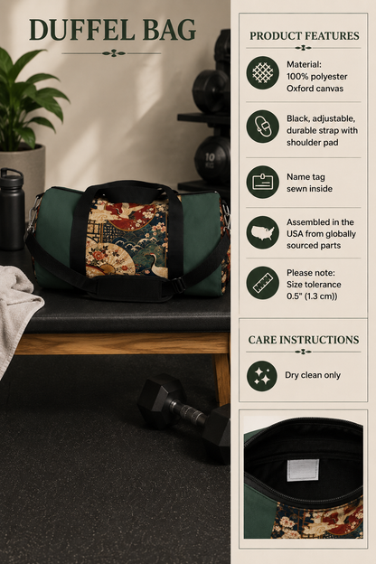 East Asian Floral Crane Sage Green Duffel Gym Bag