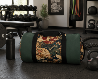 East Asian Floral Crane Sage Green Duffel Gym Bag
