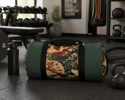 East Asian Floral Crane Sage Green Duffel Gym Bag