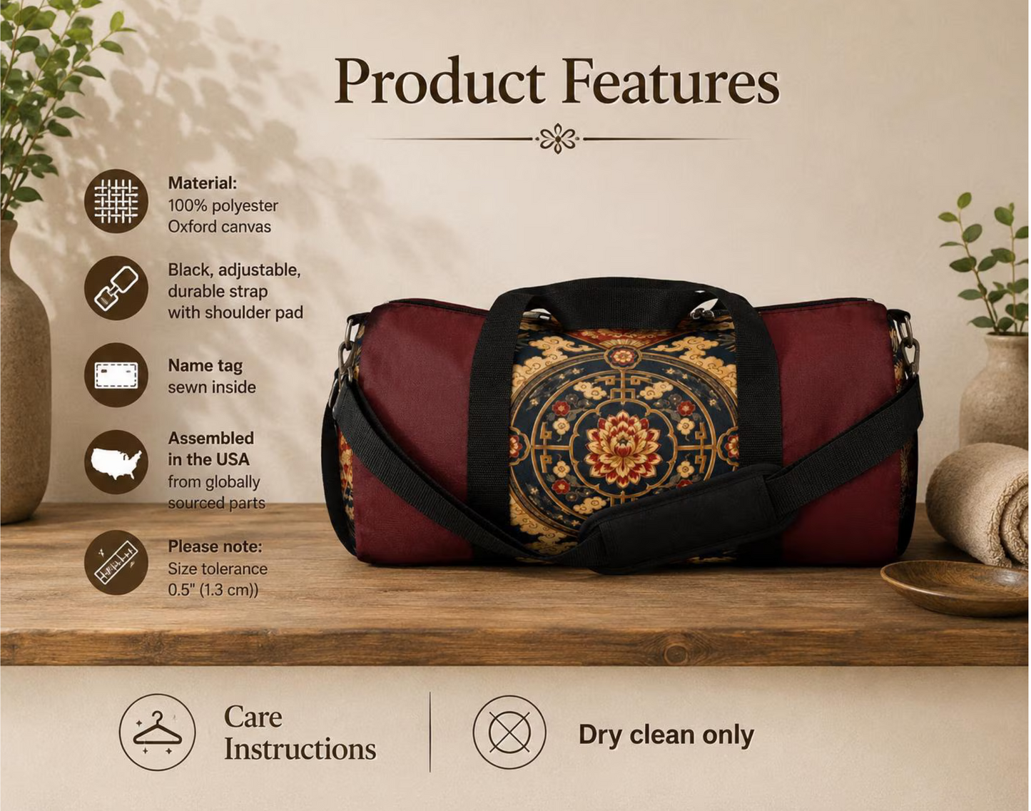 East Asian Mandala Maroon Red Duffel Gym Bag