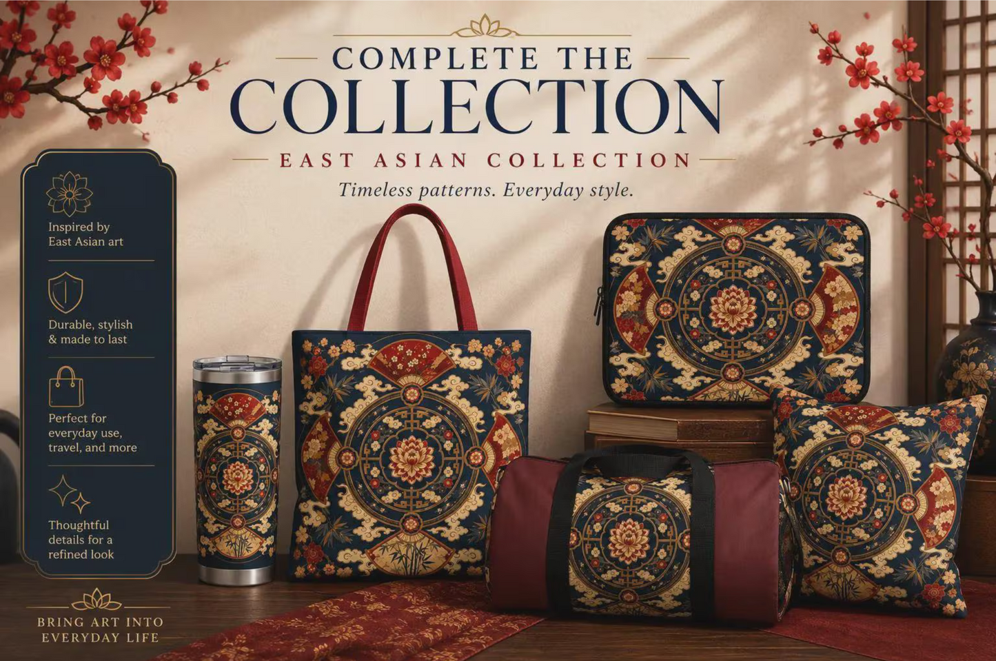 East Asian Mandala Navy Blue Duffel Gym Bag