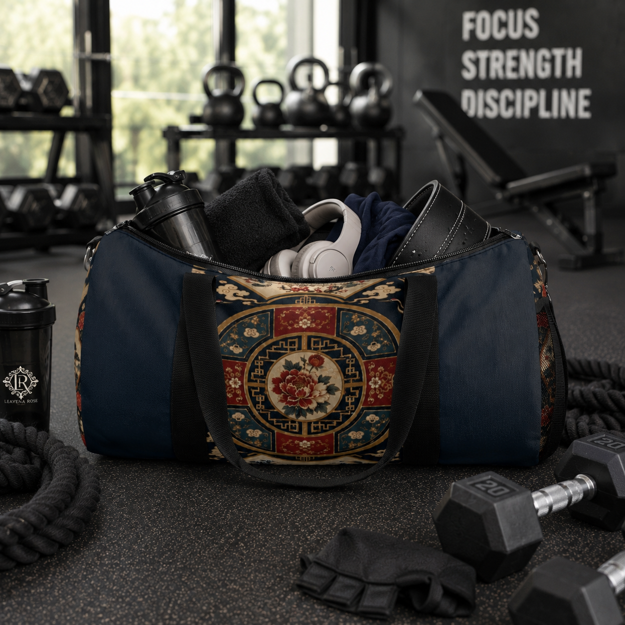 East Asian Oriental Medallion Navy Blue Duffel Gym Bag