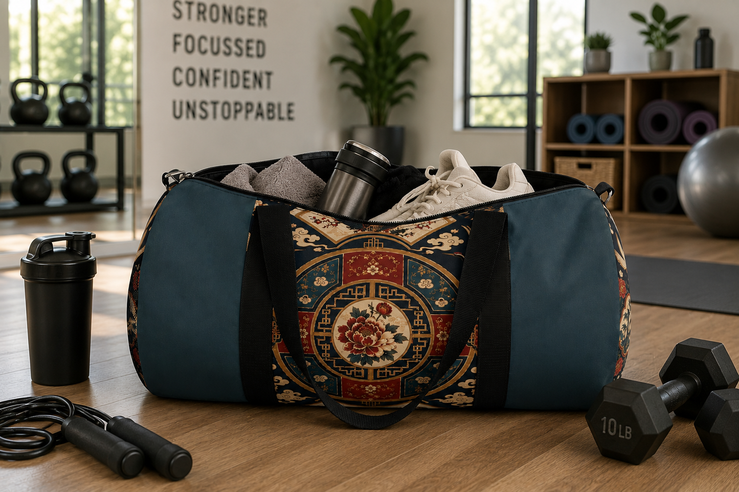 East Asian Oriental Medallion Myrtle Green Duffel Gym Bag