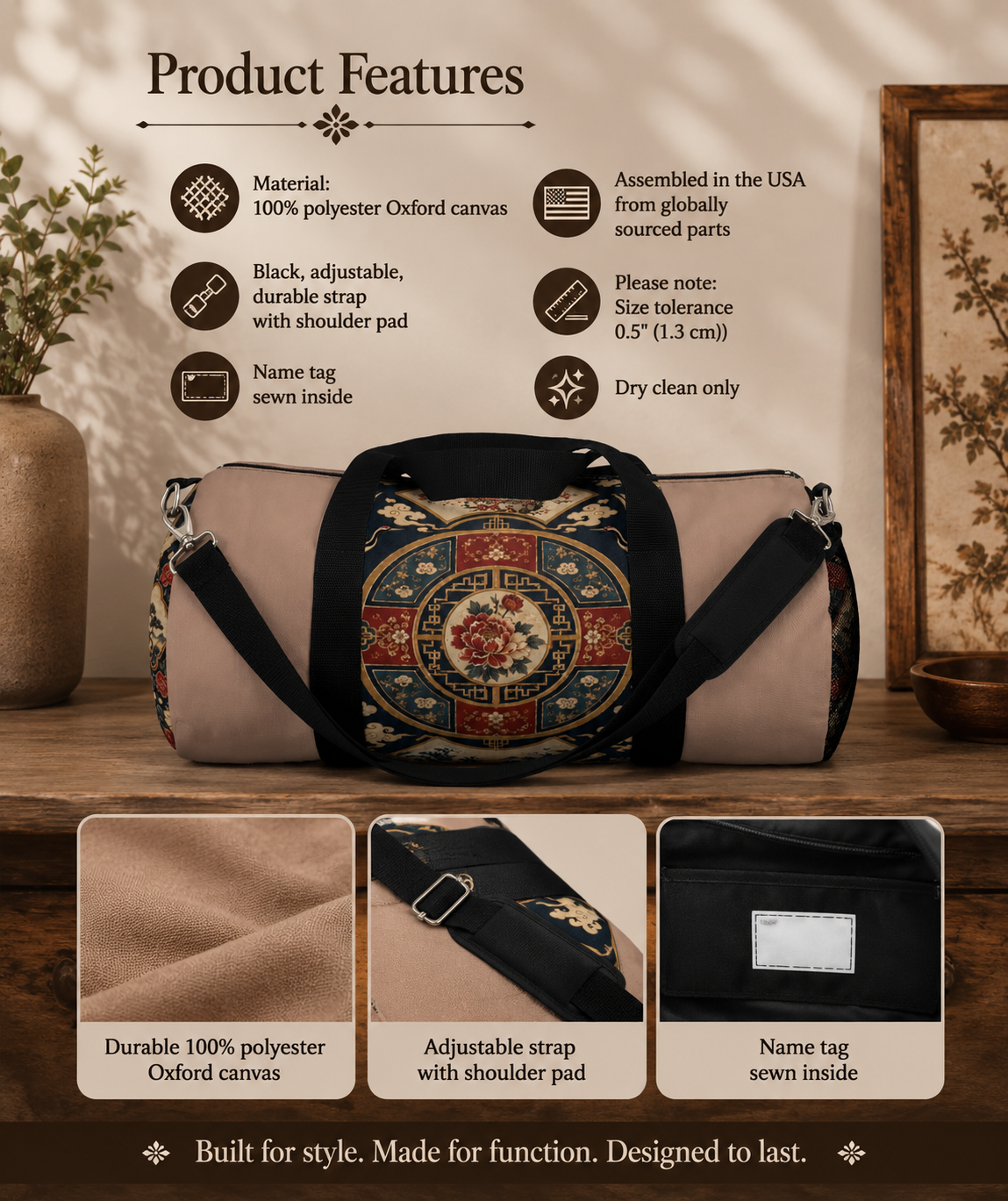 East Asian Oriental Medallion Baby Pink Duffel Gym Bag