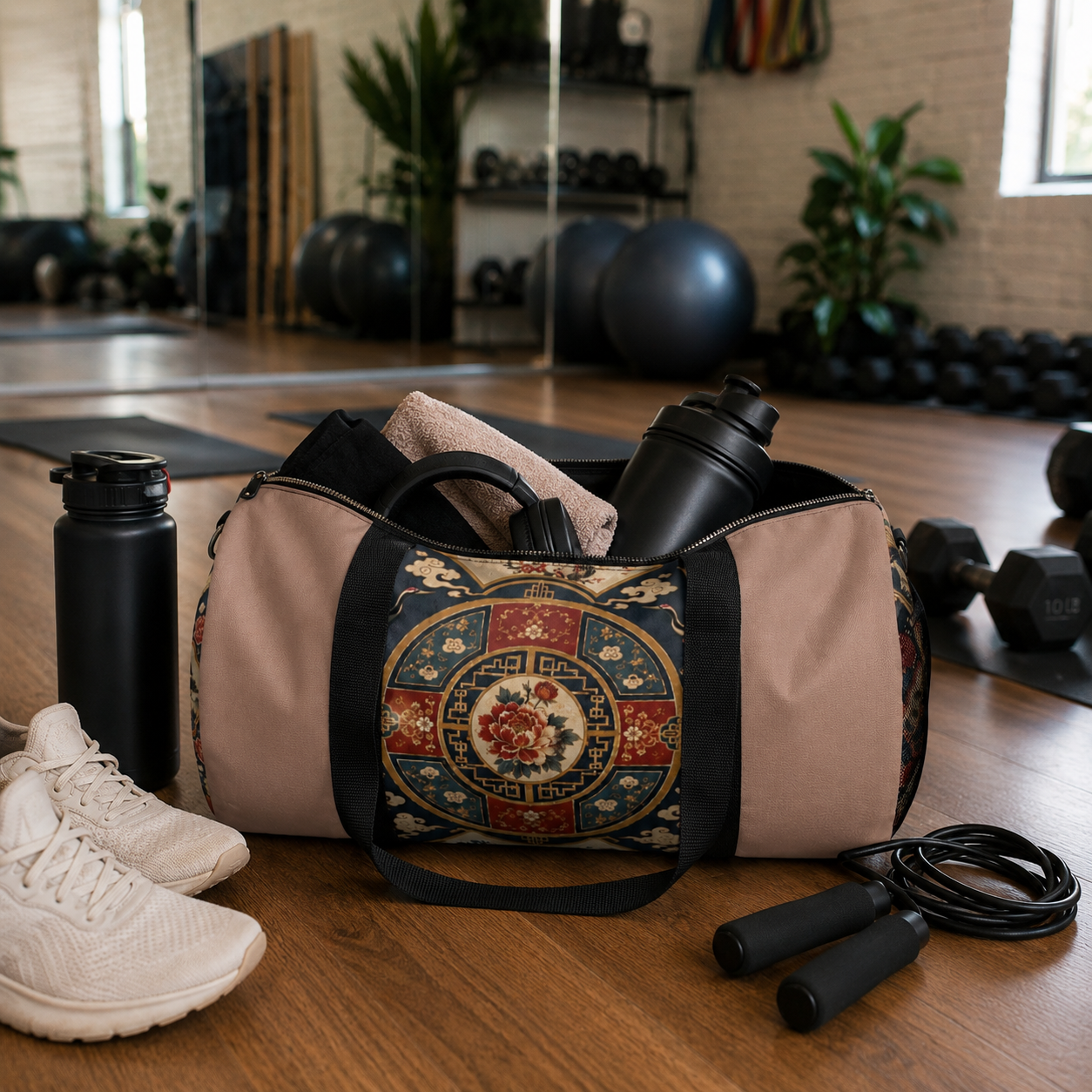 East Asian Oriental Medallion Baby Pink Duffel Gym Bag