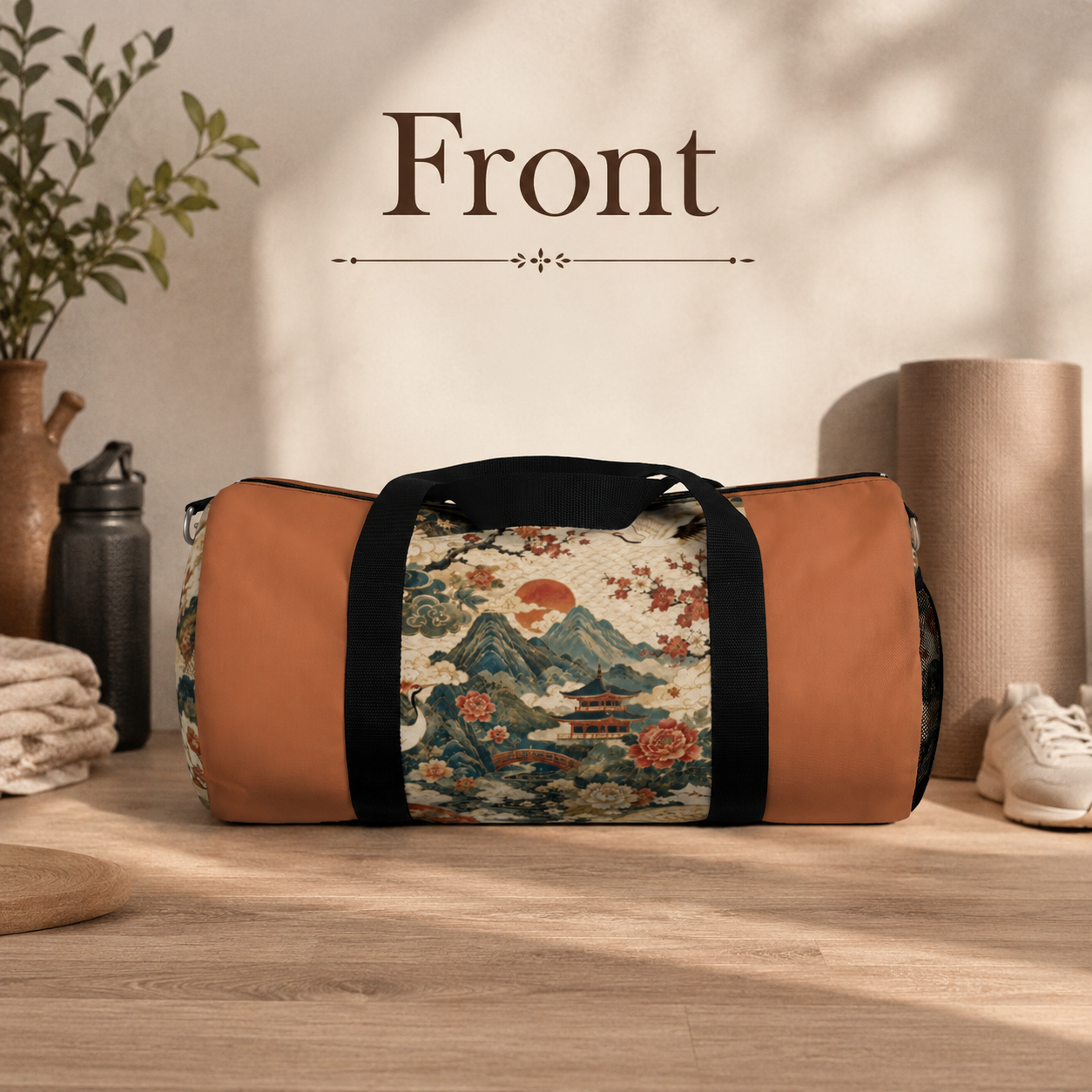 East Asian Vintage Landscape Papaya Orange Duffel Gym Bag