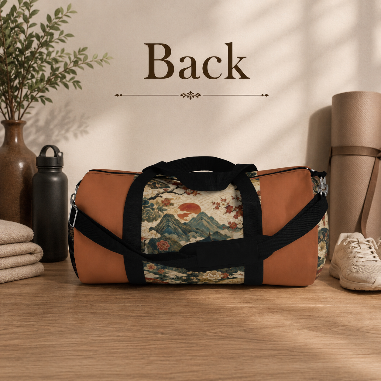 East Asian Vintage Landscape Papaya Orange Duffel Gym Bag