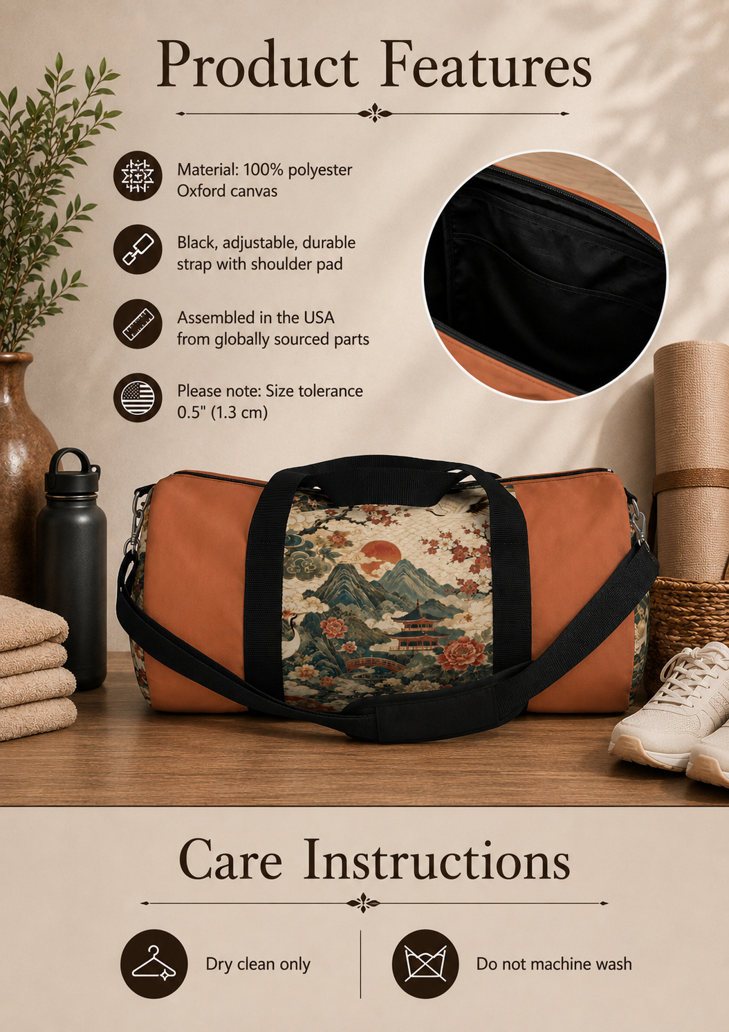 East Asian Vintage Landscape Papaya Orange Duffel Gym Bag