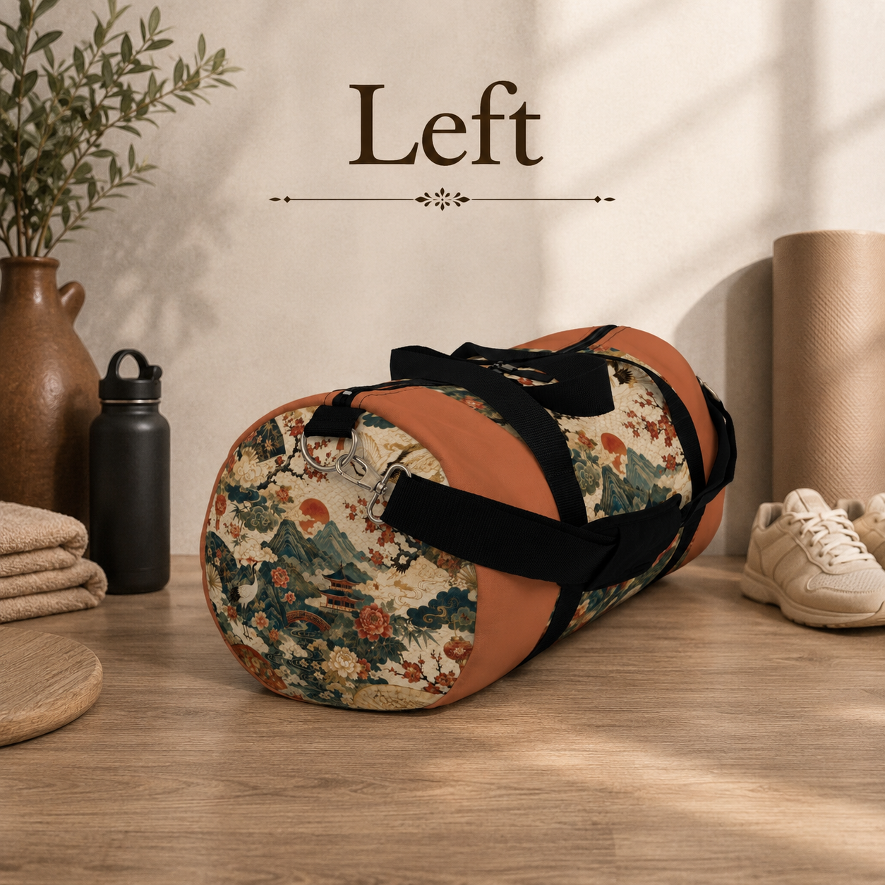 East Asian Vintage Landscape Papaya Orange Duffel Gym Bag