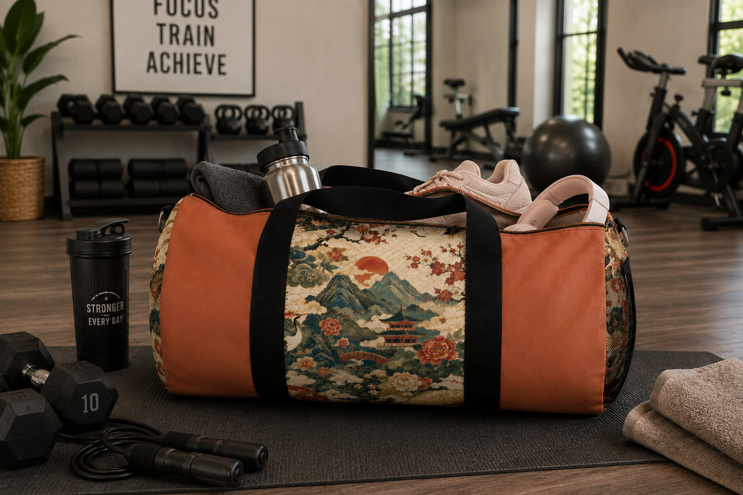 East Asian Vintage Landscape Papaya Orange Duffel Gym Bag