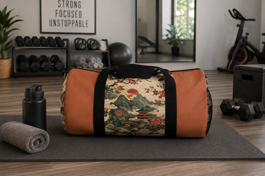 East Asian Vintage Landscape Papaya Orange Duffel Gym Bag