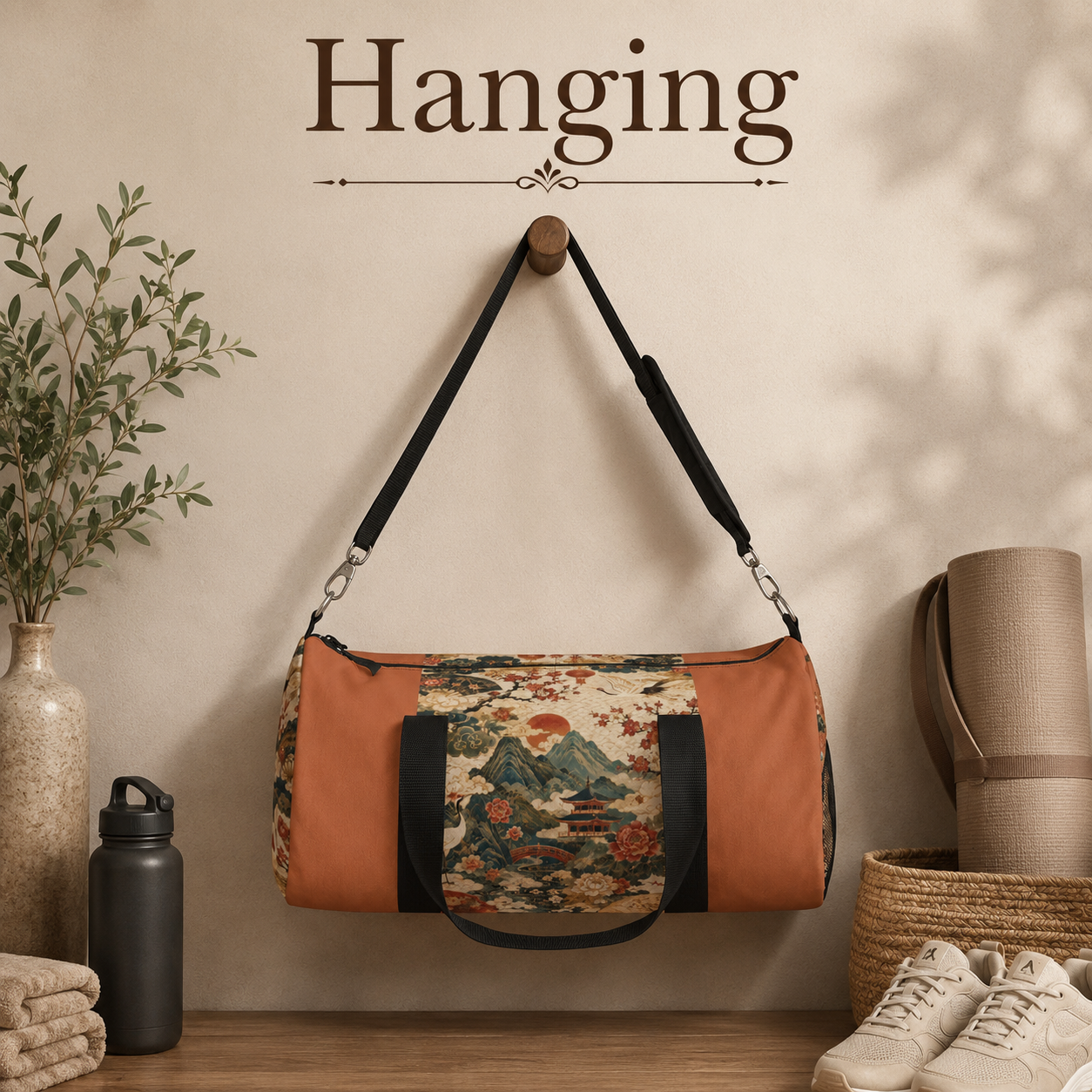 East Asian Vintage Landscape Papaya Orange Duffel Gym Bag
