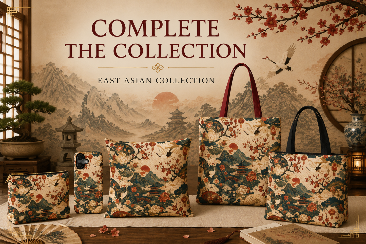 East Asian Vintage Landscape Papaya Orange Duffel Gym Bag